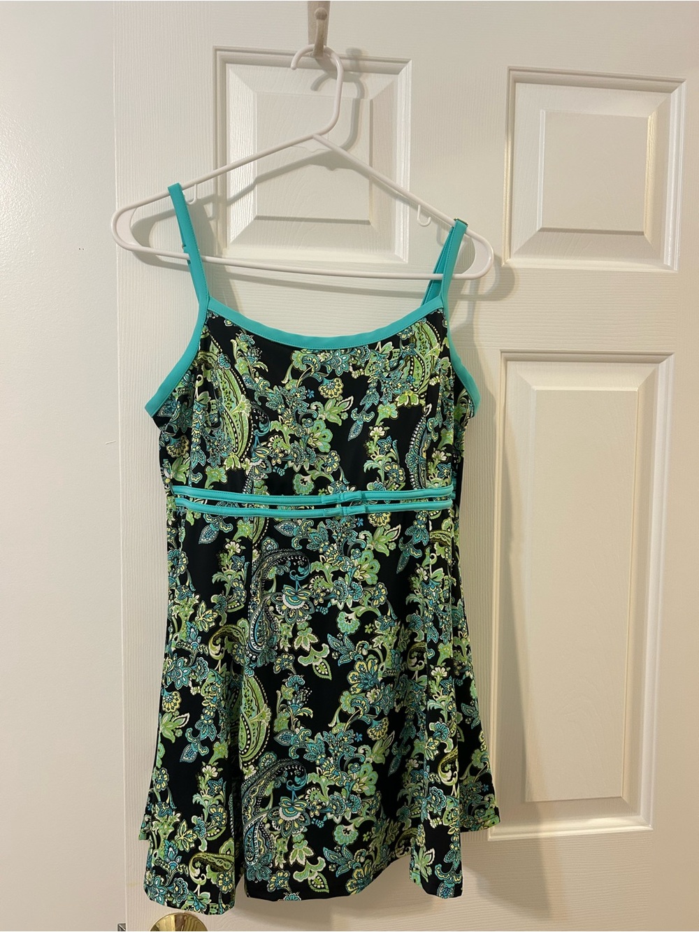 Black Floral Paisley One-Piece Swimdress with Aqua Trim